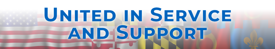United in service and support banner image with American flag, Maryland flag and Montgomery County flag.